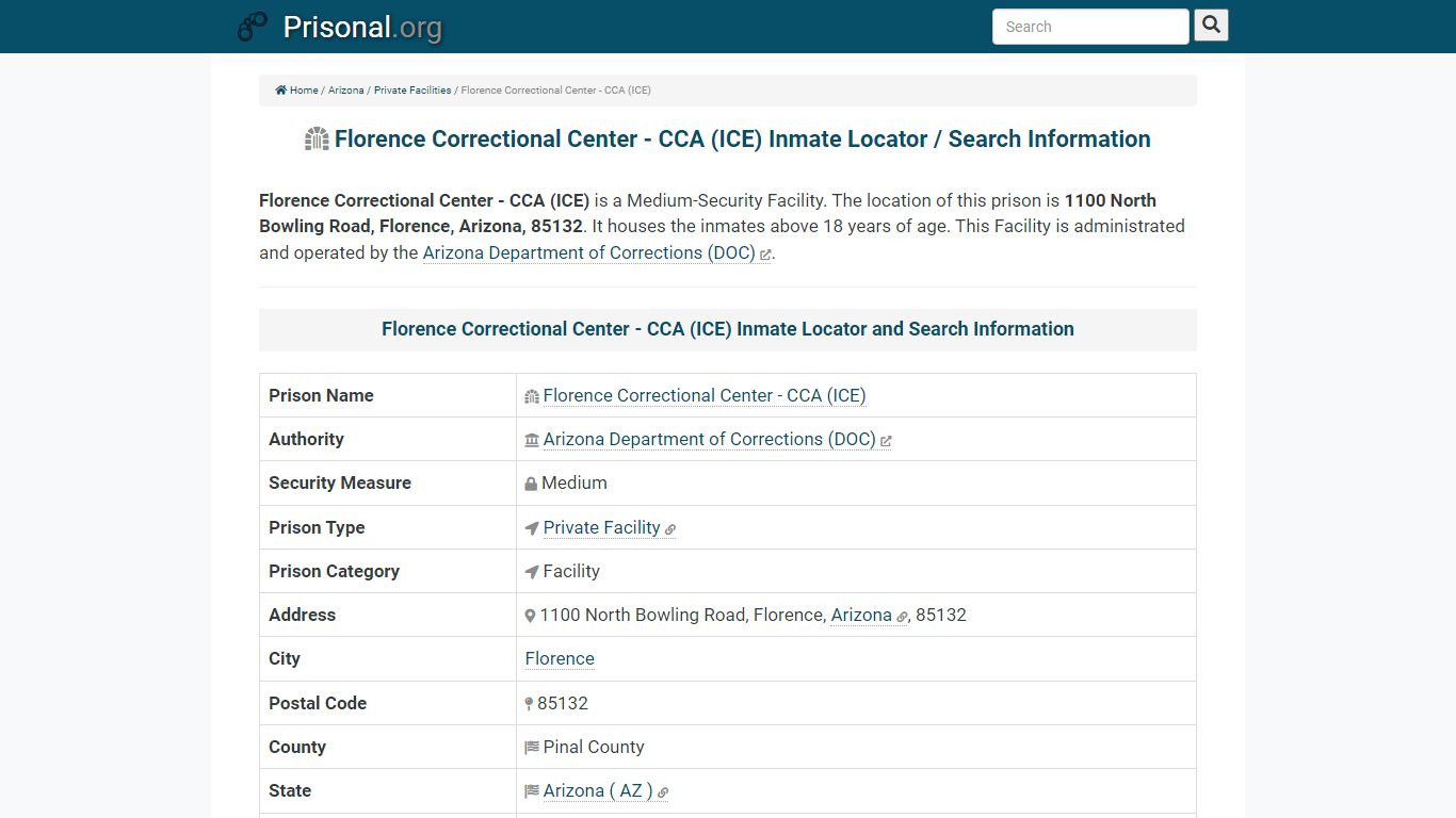 Florence Correctional Center - CCA (ICE) Inmate Locator / Search ...